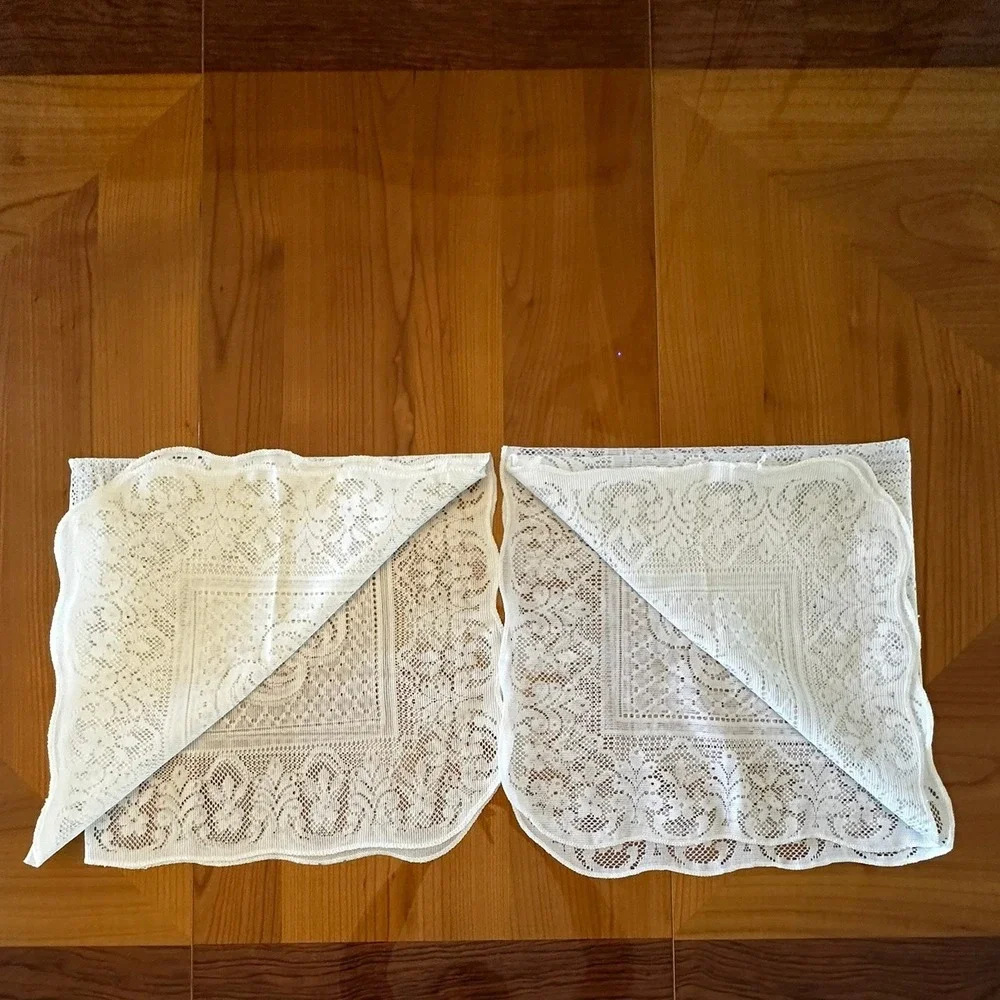 Vintage White Lace Square Table Topper Scalloped Edge Floral Medallion Set of 2